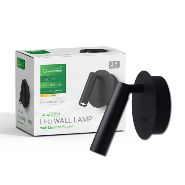 LED zidna lampa Green Tech 3W, 3000K, crna boja - WL-3W-WW-BK