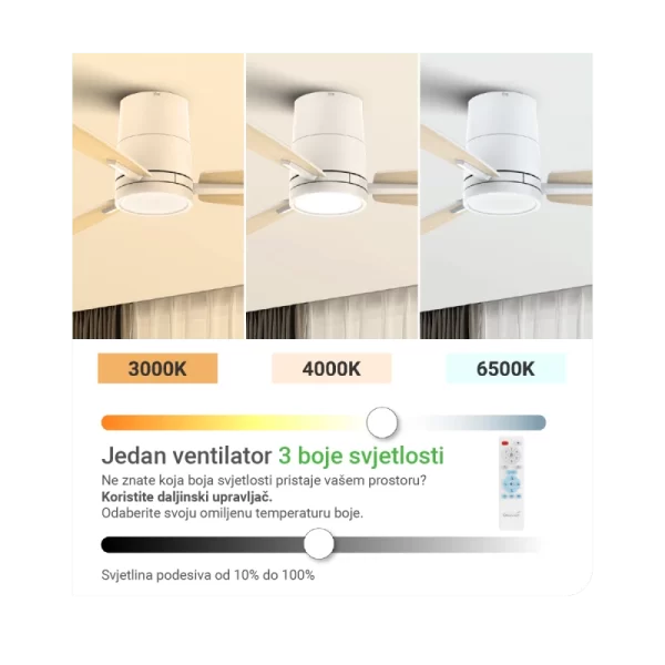 Stropni ventilator sa rasvjetom Green Tech, 42" 15W 3CCT, Bijelo ili Drvo - Slika 6