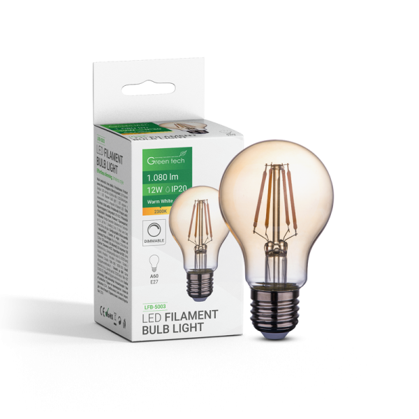 GREEN TECH LED filament žarulja Green Tech 12W, 2300K, E27, AC220V, A60, amber, dimabilna - LFB-5003