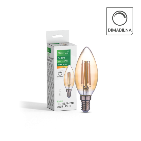 GREEN TECH LED filament žarulja Green Tech 6W, 2300K, E14, AC220V, C35, amber, dimabilna - LFB-5202