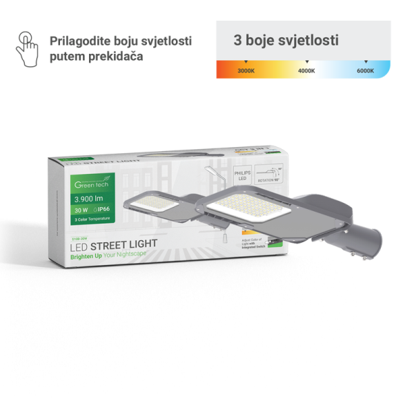 GREEN TECH LED ulična svjet. Green Tech 30W, 3900lm, Philips LED, 3 CCT 3000K-4000K-6000K - S10B-30W