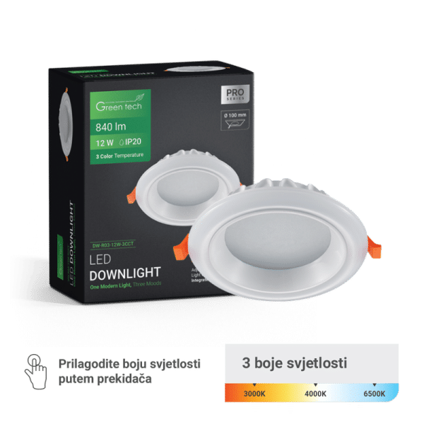GREEN TECH LED downlight Green Tech 12W, 3 CCT, okrugli - DW-R03-12W-3CCT