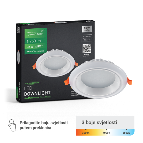 GREEN TECH LED downlight Green Tech 22W, 3 CCT, okrugli - DW-R03-22W-3CCT