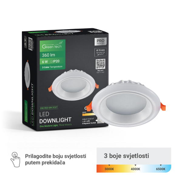 GREEN TECH LED downlight Green Tech 6W, 3 CCT, okrugli - DW-R03-6W-3CCT