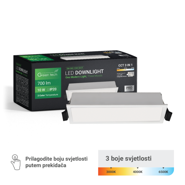 GREEN TECH LED downlight Green Tech 10W, 3 CCT, pravokutni - DW-S02-10W-3CCT