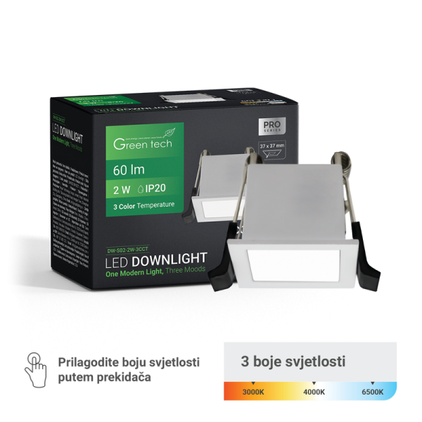 GREEN TECH LED downlight Green Tech 2W, 3 CCT, pravokutni - DW-S02-2W-3CCT