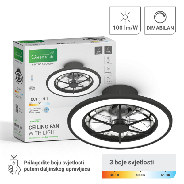 GREEN TECH Stropni ventilator sa svjetiljkom Green Tech, 18", 40W, 3CCT, crni - FNX-18BK