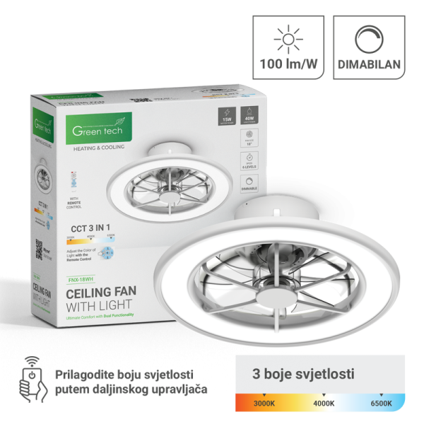 GREEN TECH Stropni ventilator sa svjetiljkom Green Tech, 18", 40W, 3CCT, bijeli - FNX-18WH