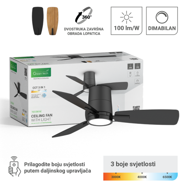 GREEN TECH Stropni ventilator sa svjetiljkom Green Tech, 42", 15W, 3CCT, Crno ili Drvo - FNX-42BK-WD