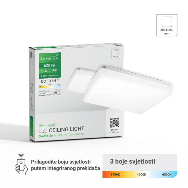 GREEN TECH LED plafonjera Green Tech 18W, 3CCT, 28x28cm, IP54, bijela - CLW-032S-18W-3CC