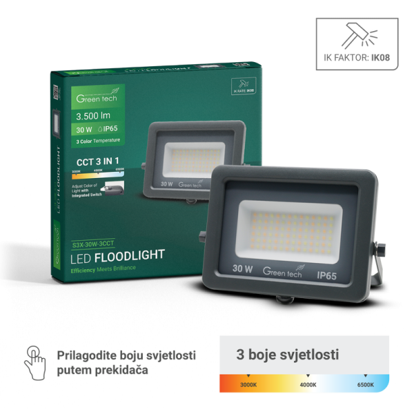 GREEN TECH LED reflektor Green Tech 30W, 3CCT, IP65, aluminij - S3X-30W-3CCT