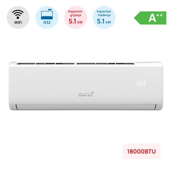 GREEN TECH Klima Green Tech 18000BTU, 5.1kW, A++, R32, -22°C ~ 53°C, s grijačem, WiFi, bij. - 18-IND2-WIFI
